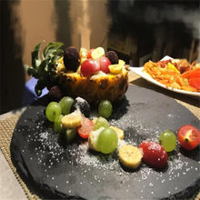 Load image into Gallery viewer, Slate Food food dinner party Plate round natural black slate for steak hot serving appetizer biodegradable plates modern eco-friendly plates for party kitchen decor