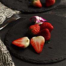 Load image into Gallery viewer, Slate Food food dinner party Plate round natural black slate for steak hot serving appetizer biodegradable plates modern eco-friendly plates for party kitchen decor
