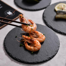 Load image into Gallery viewer, Slate Food food dinner party Plate round natural black slate for steak hot serving appetizer biodegradable plates modern eco-friendly plates for party kitchen decor