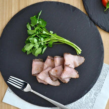 Load image into Gallery viewer, Slate Food food dinner party Plate round natural black slate for steak hot serving appetizer biodegradable plates modern eco-friendly plates for party kitchen decor