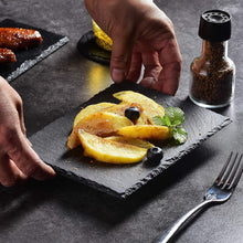 Load image into Gallery viewer, Slate Food food dinner party Plate round natural black slate for steak hot serving appetizer biodegradable plates modern eco-friendly plates for party kitchen decor