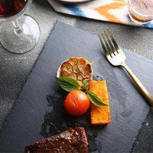Load image into Gallery viewer, Slate Food food dinner party Plate round natural black slate for steak hot serving appetizer biodegradable plates modern eco-friendly plates for party kitchen decor